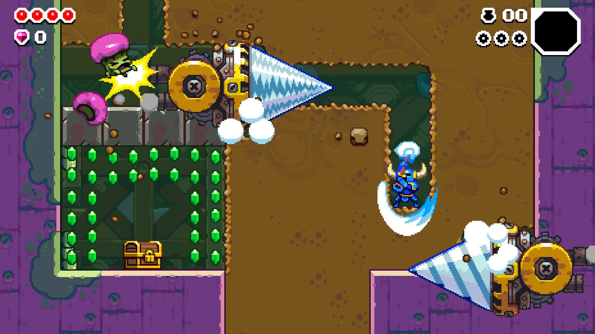 A 2D character in blue armor avoiding oversized drills while digging down