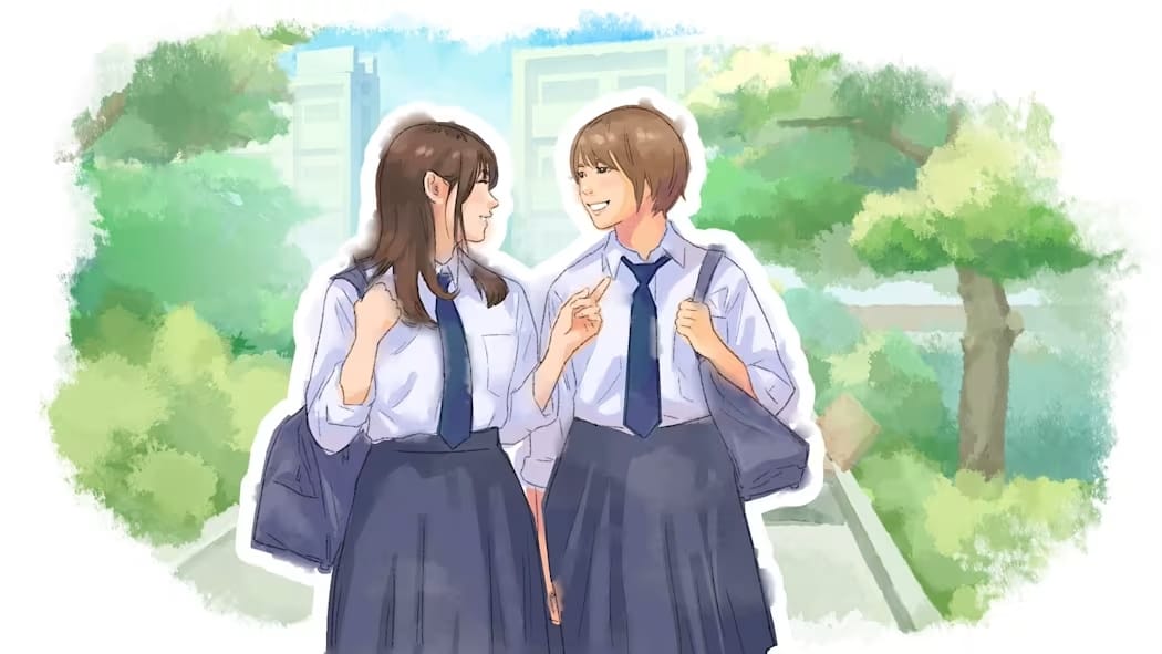 A watercolour drawing of two teenage girls in school uniform walking along a path, smiling and chatting