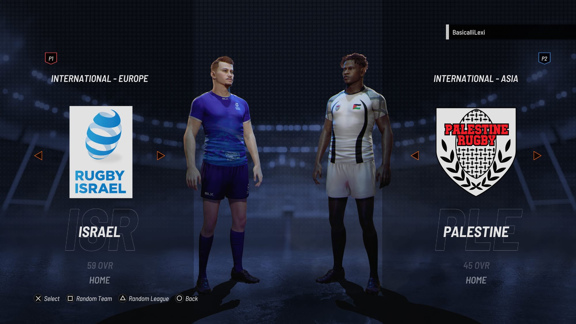 Rugby Israel's team under the International - Europe team list on the left, and Palestine Rugby under the International - Asia team list in Rugby 25.