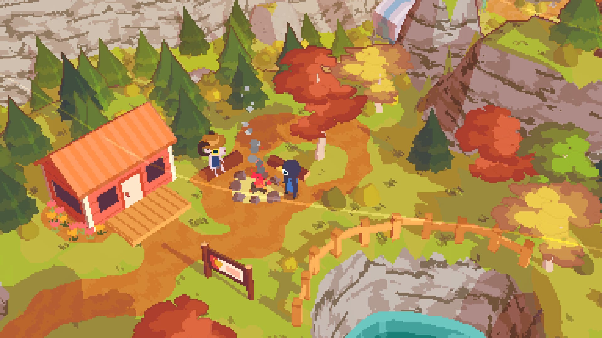 Two characters near a lit campfire in a