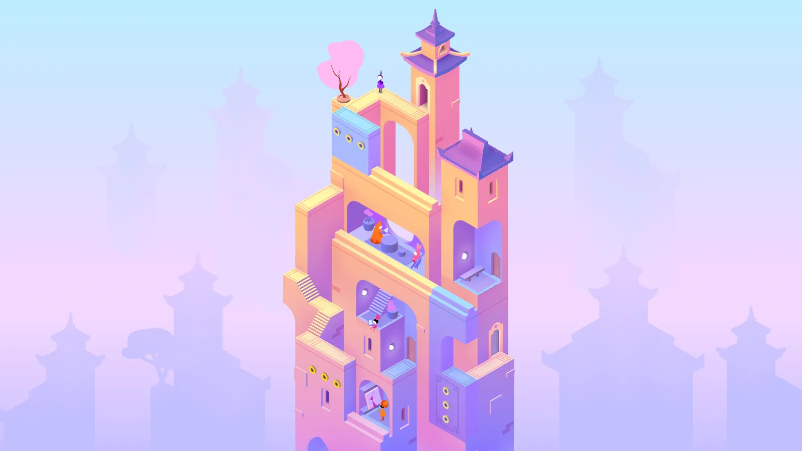 A colorful tower with visible staircases and people across it, against a pink and purple background