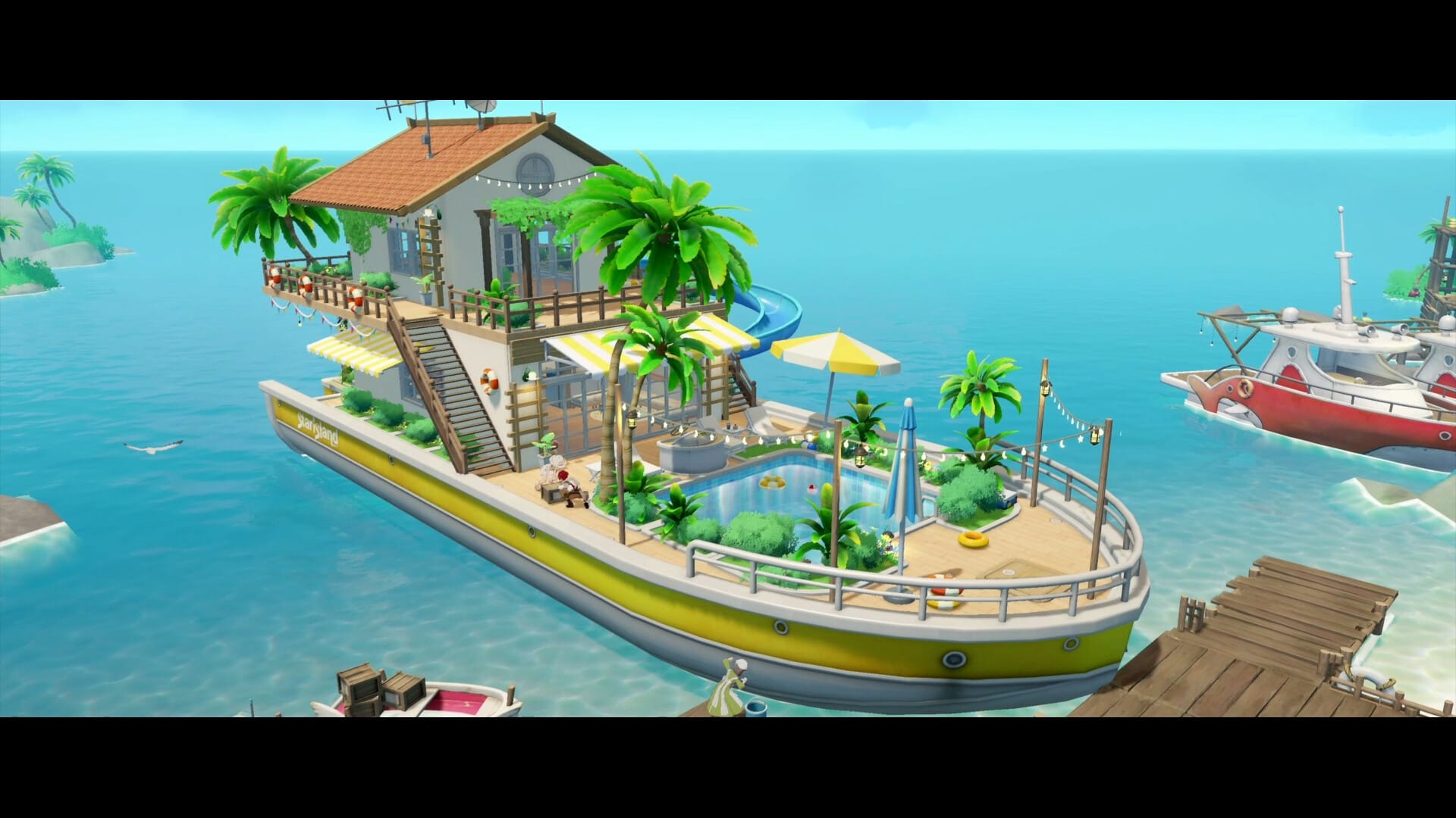 A boat house docked near a pier with a swimming pool and trees across it