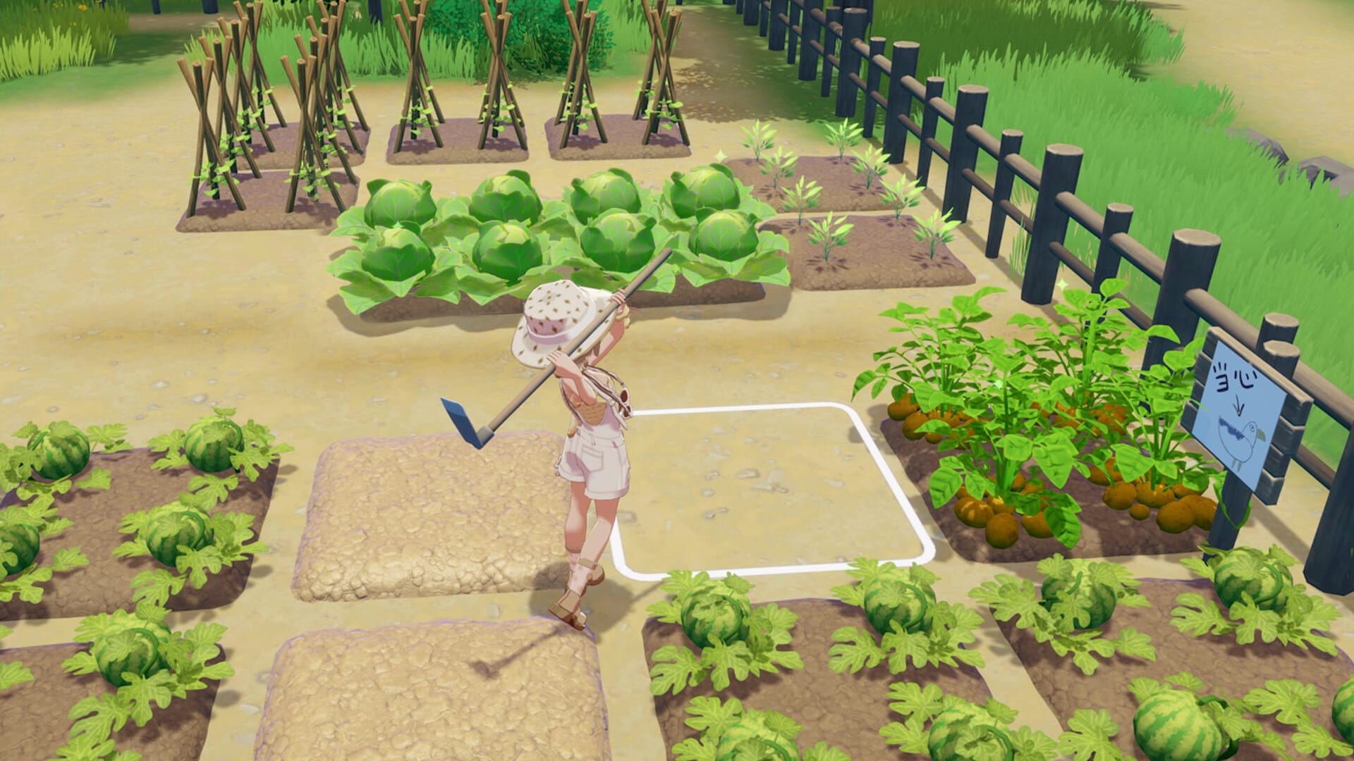 A young woman farming different vegetables