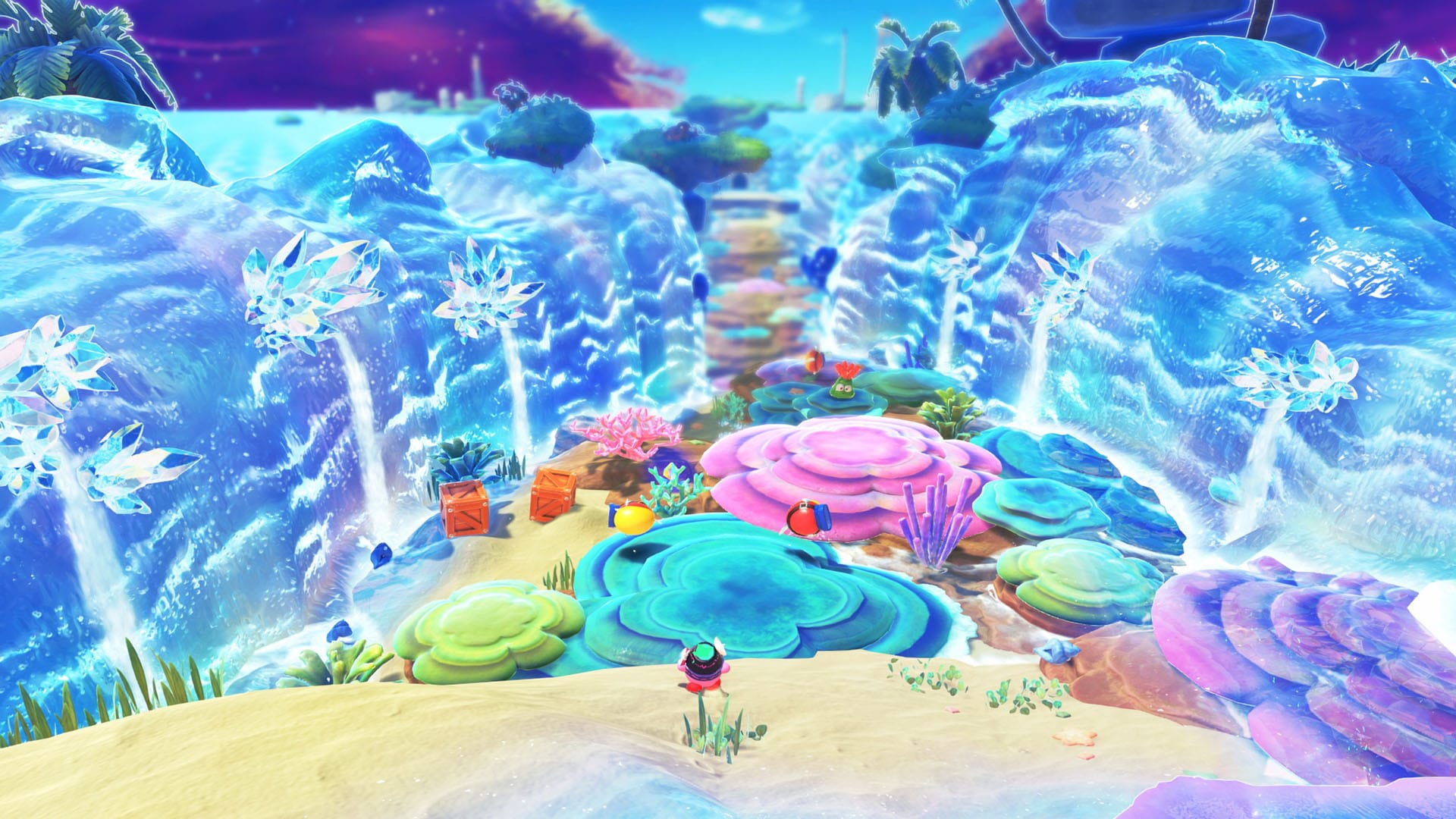 Kirby walking across a seafloor where the ocean has been parted on both sides and frozen