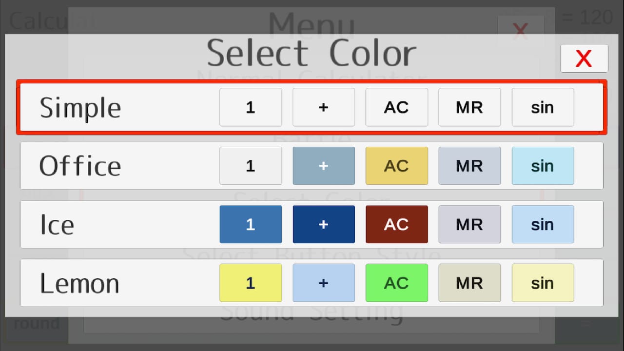 Select colour screen for Battle Calculator