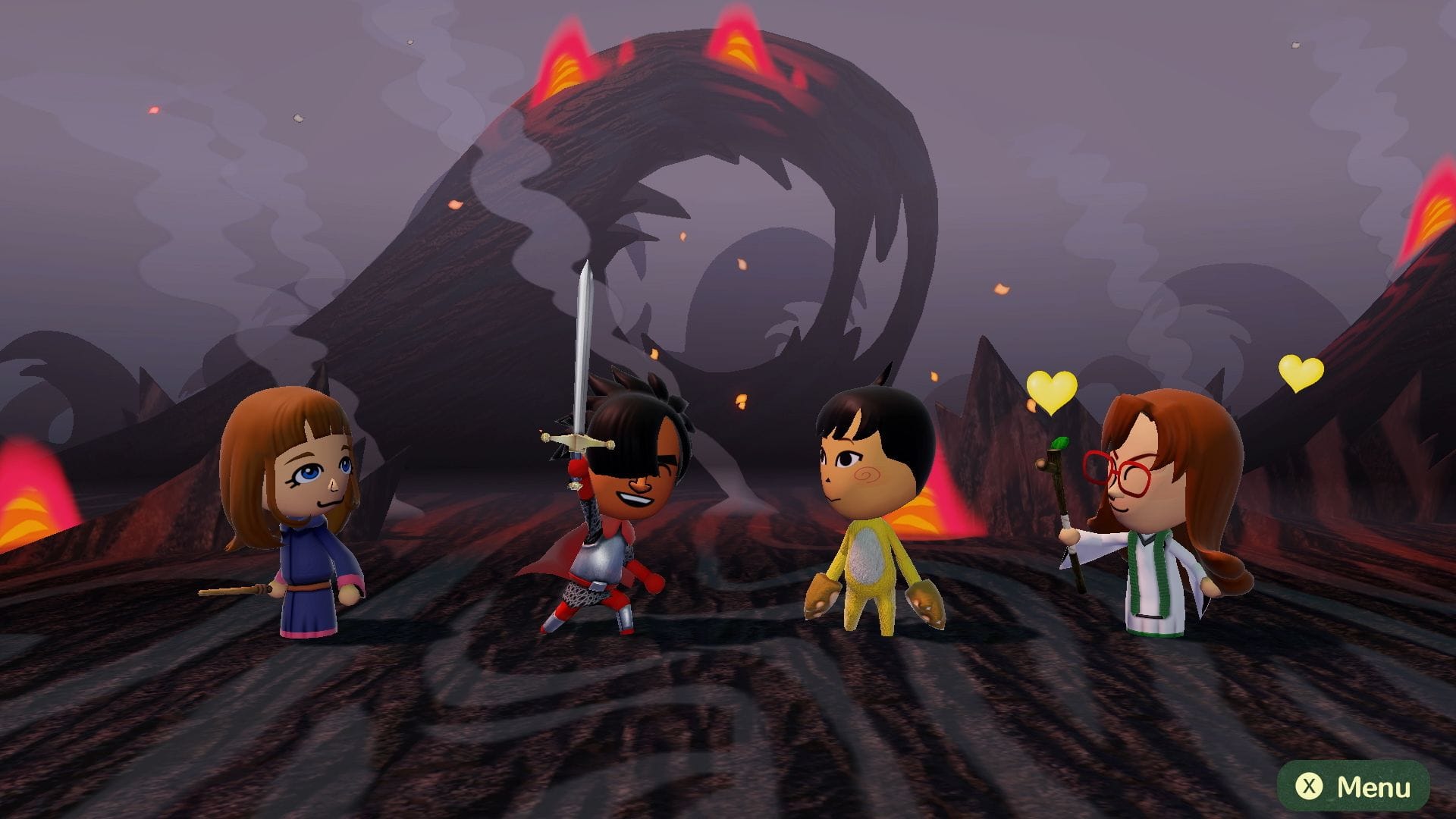 A party of four players in a volcanic environment
