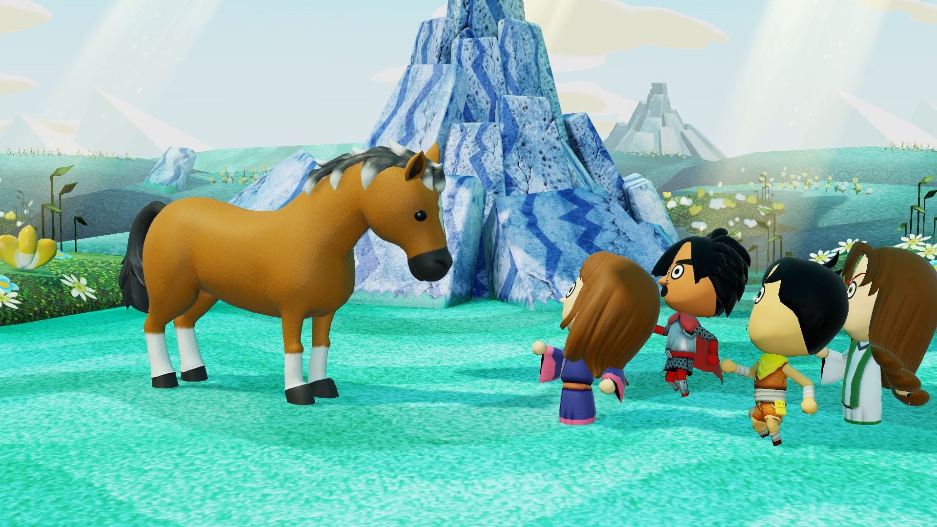 Four surprised characters approaching a horse