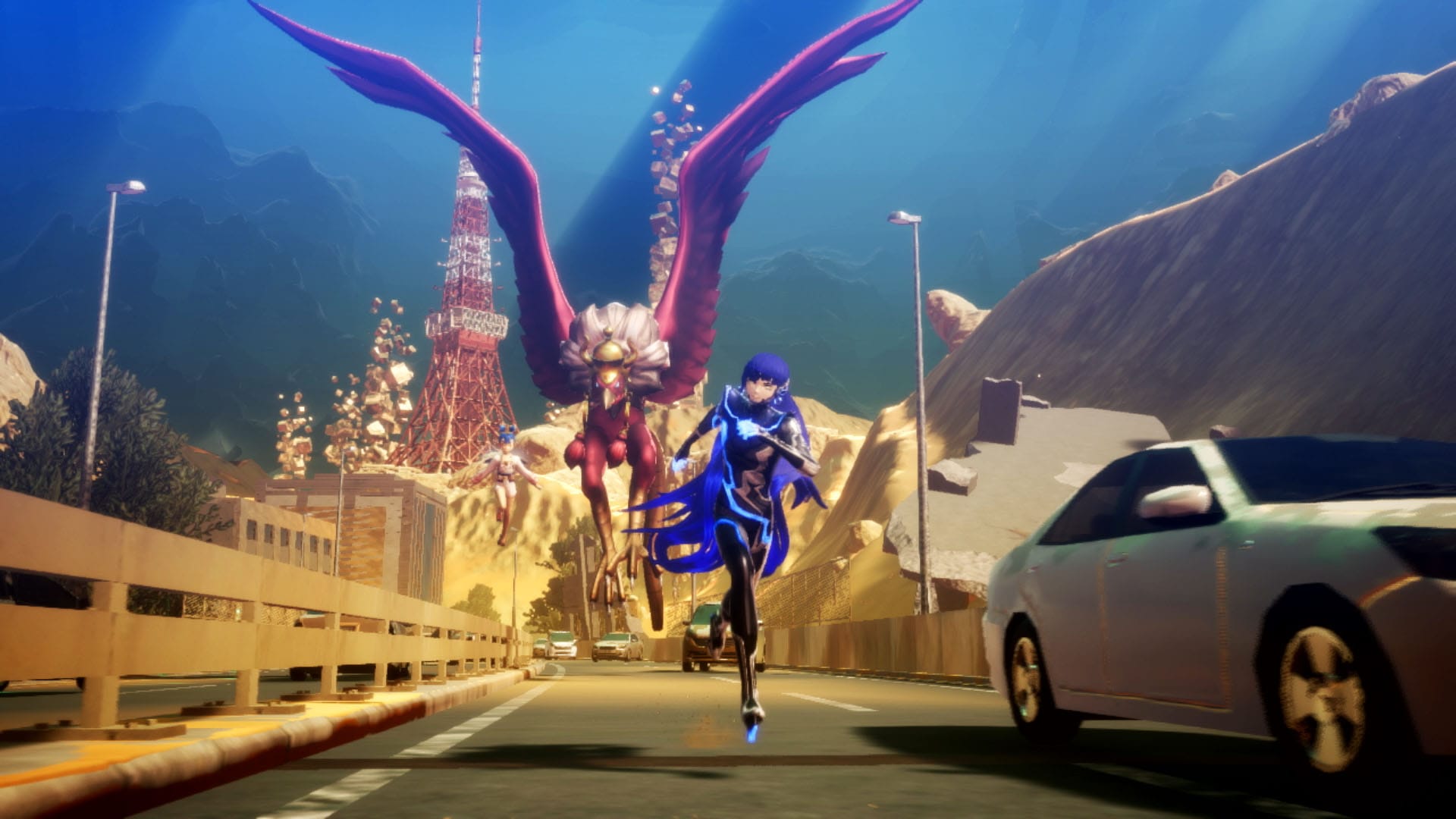 Nahobino running away from a bird-like demon on an abandonded highway
