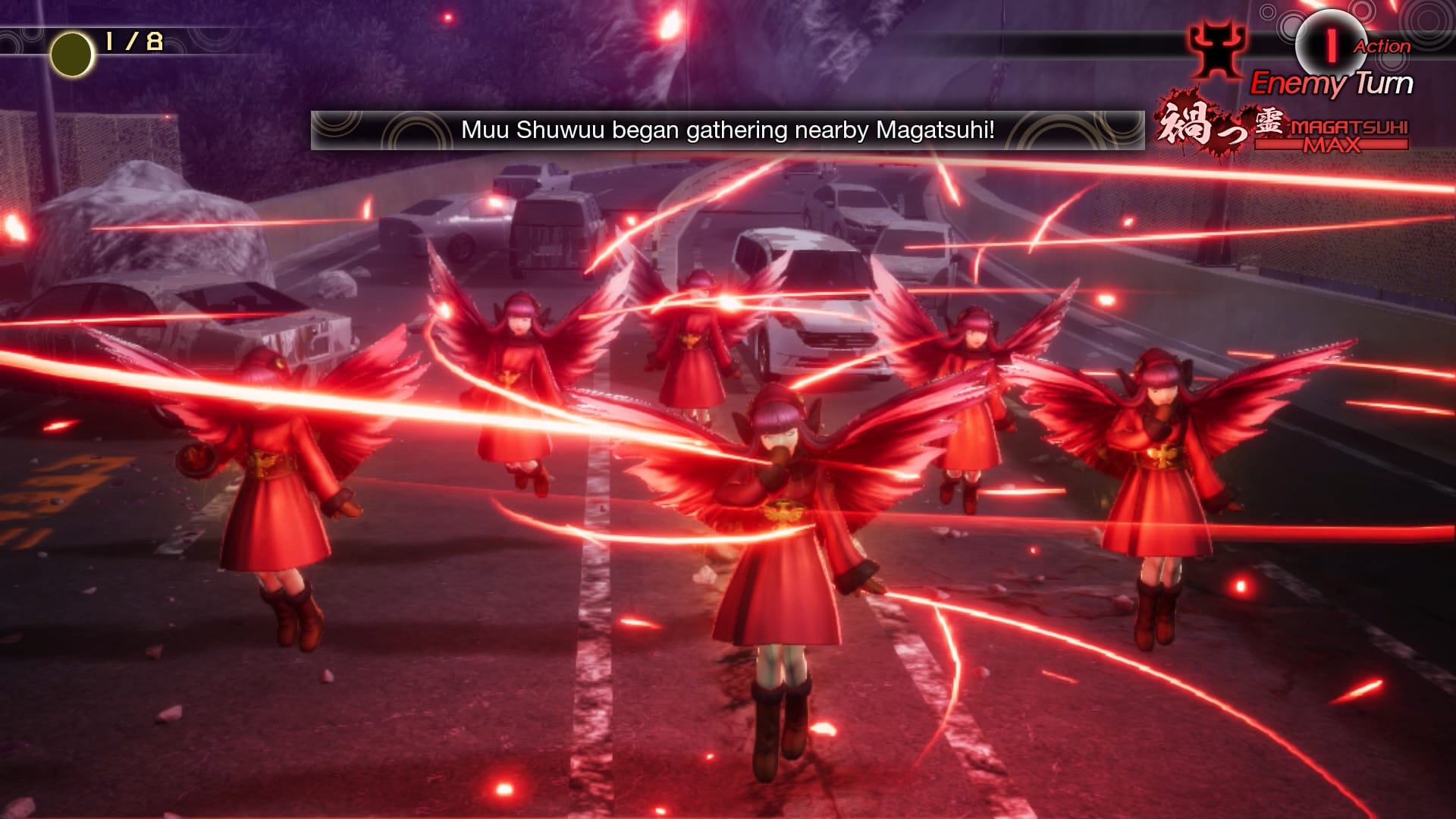 A group of Muu Shuwuu in red dresses surrounded by lines of red light as they gather energy