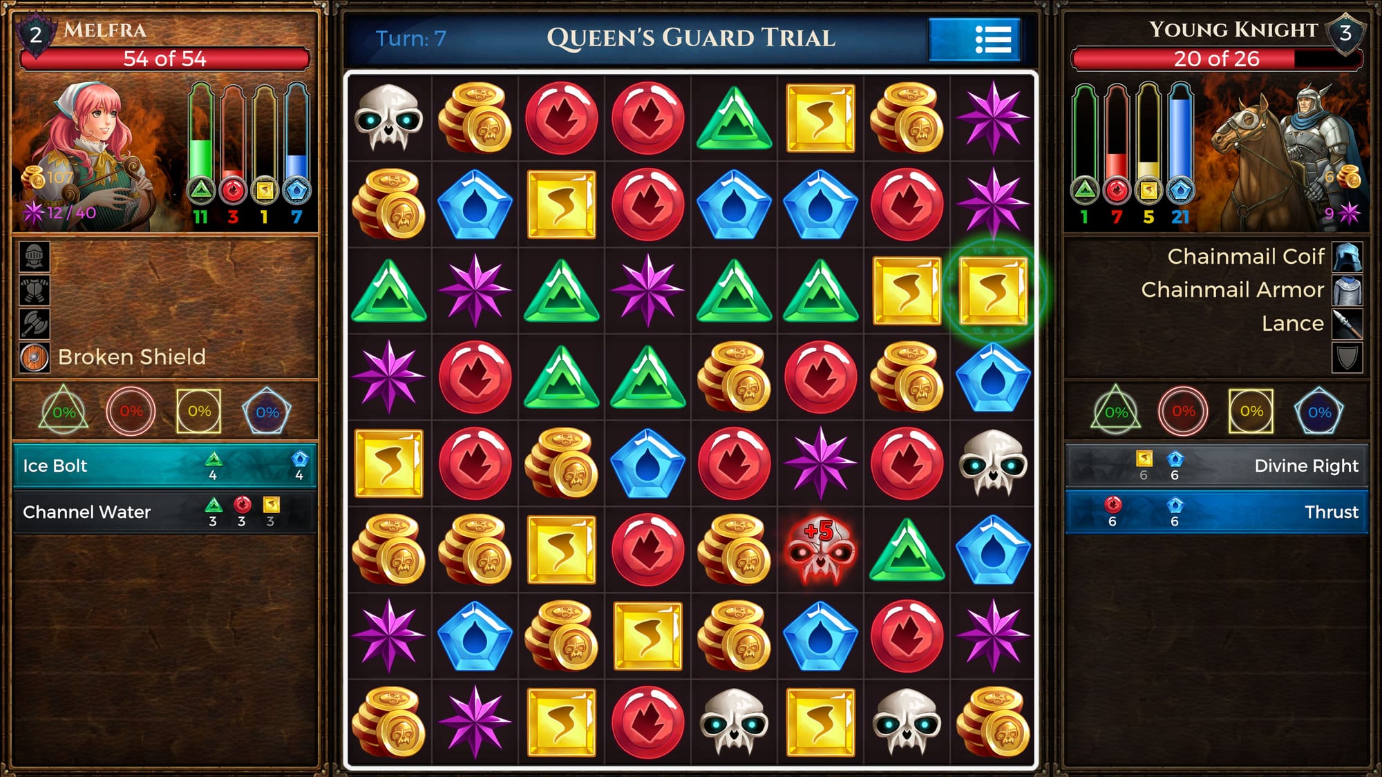 Two characters fighting across a board filled with colorful symbols