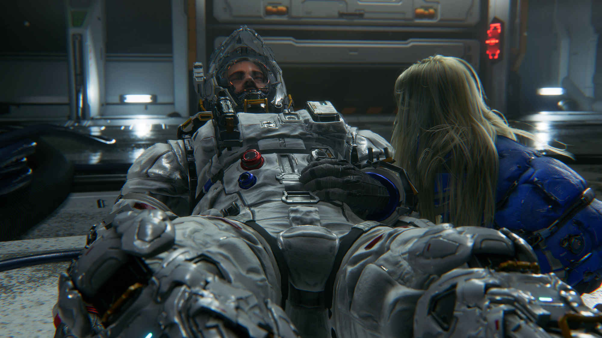 Hugh William, unconscious in his space suit in Pragmata.