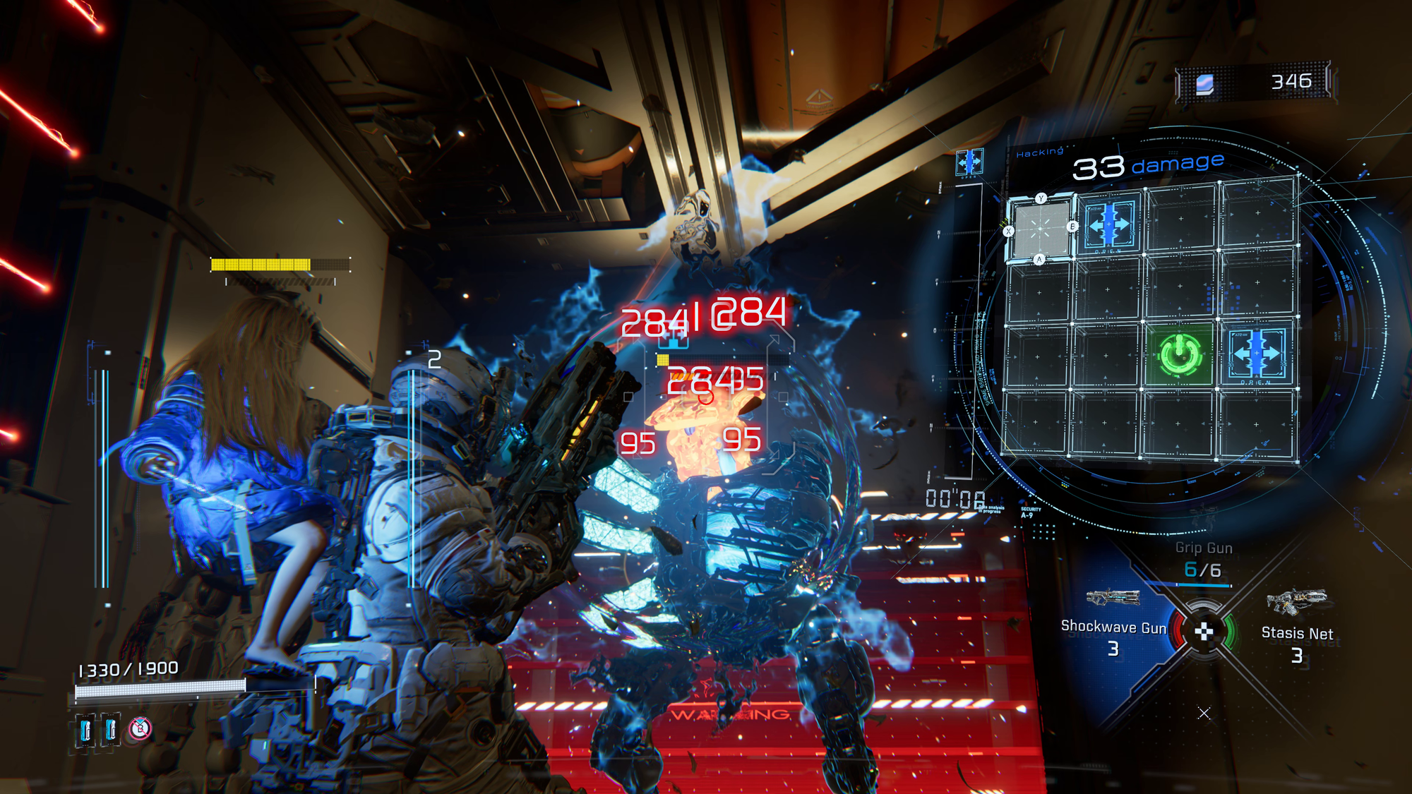 A screenshot of Pragmata showing both the grid-based puzzle mini-game for hacking enemies and a stunned enemy taking extra damage from Hugh's Shockwave gun.