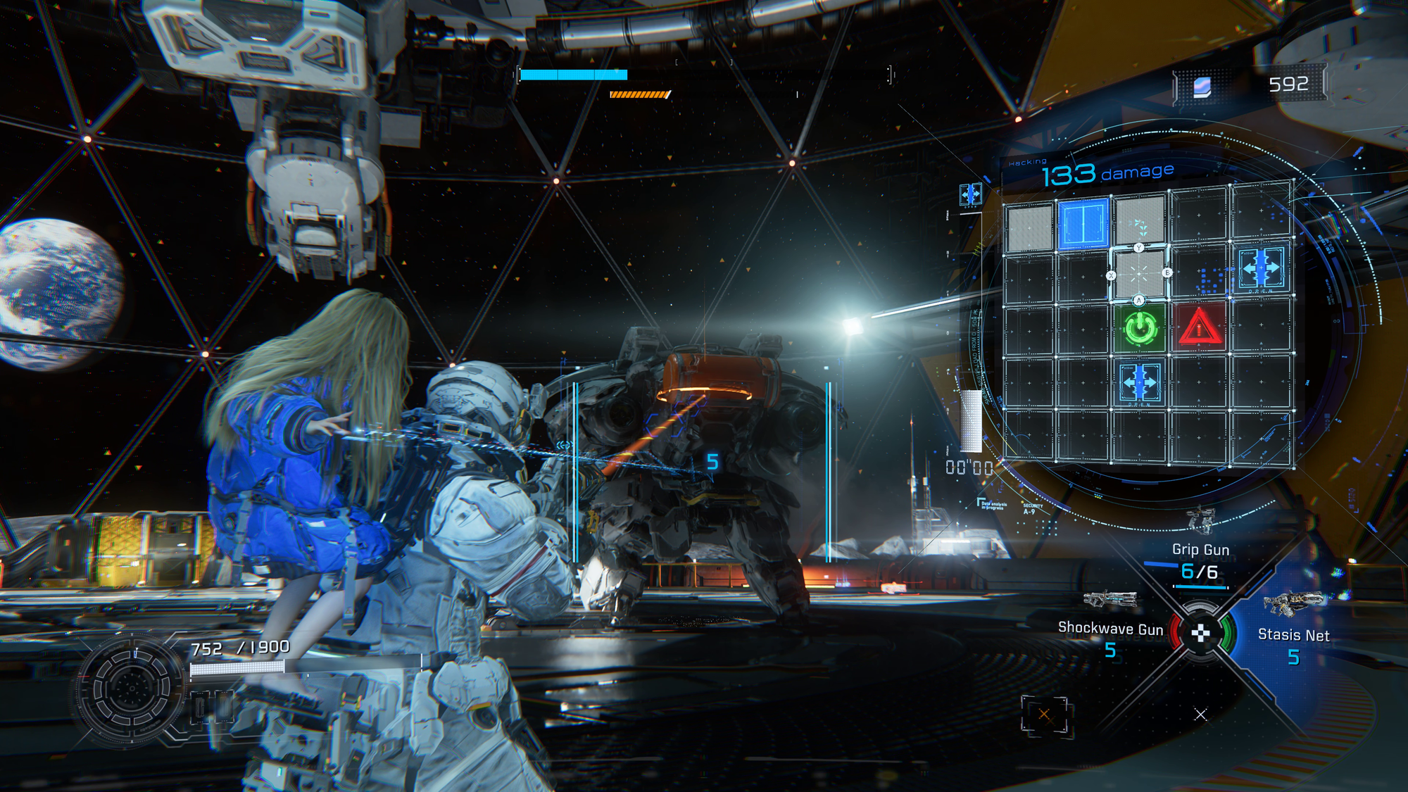The final boss in the Pragmata demo shown at Gamescom, showing William aiming at a lumbering bipedal tank, and a half solved 5x5 grid puzzle.