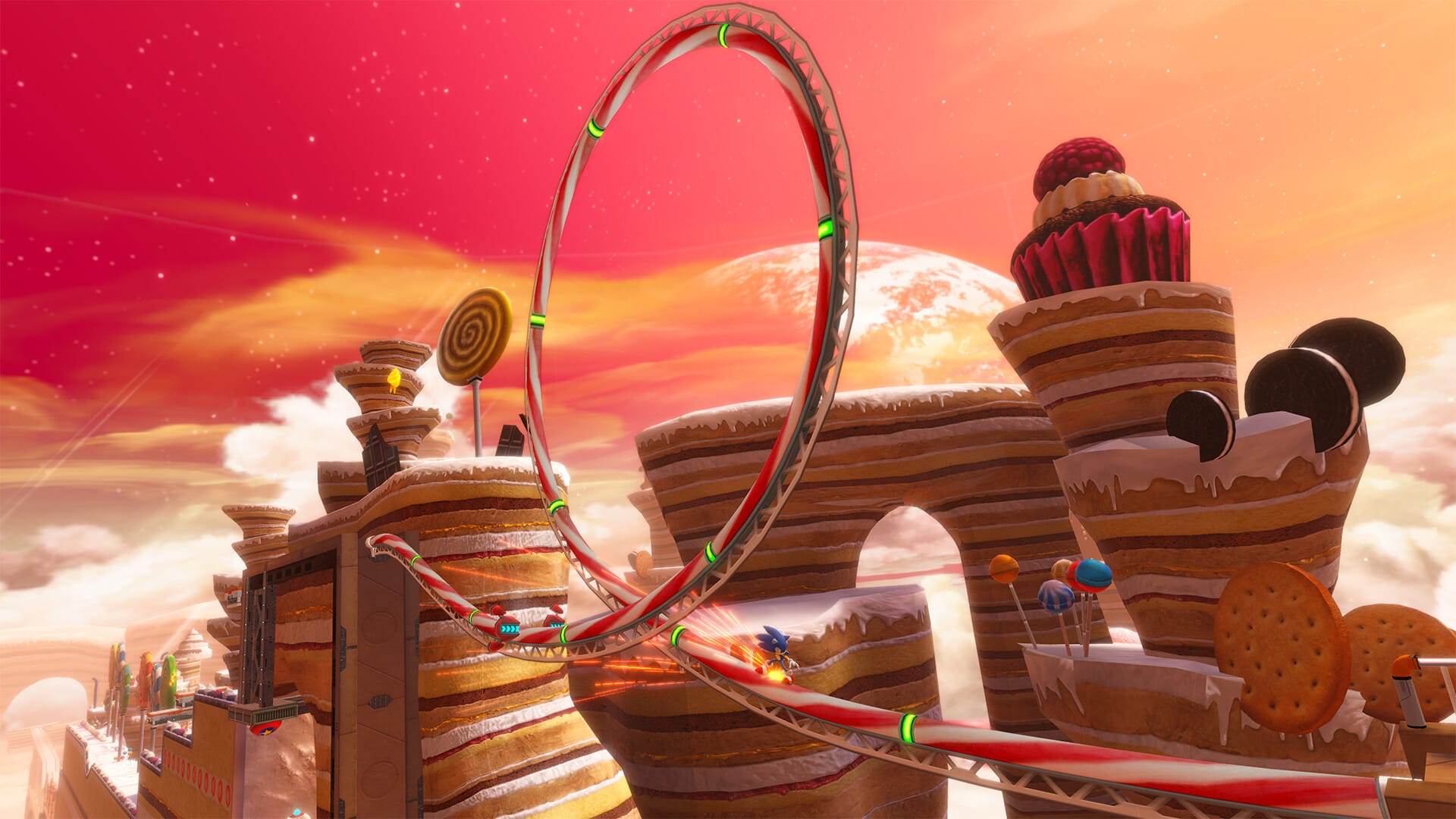 Sonic grinding on a rail through a candy themed world