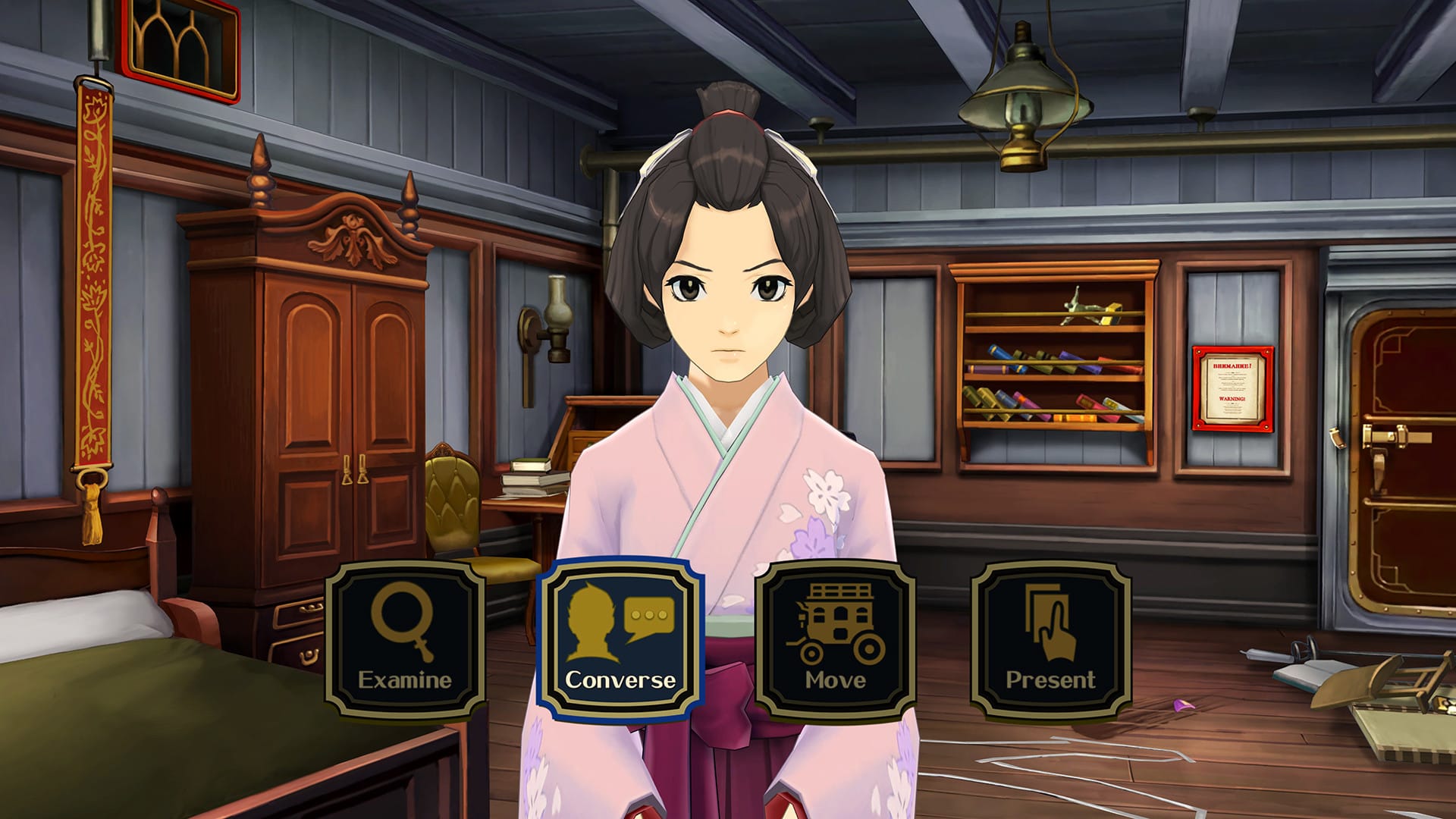 Susato in a pink kimono with four menu options appearing over her - Examine, Converse, Move, Present