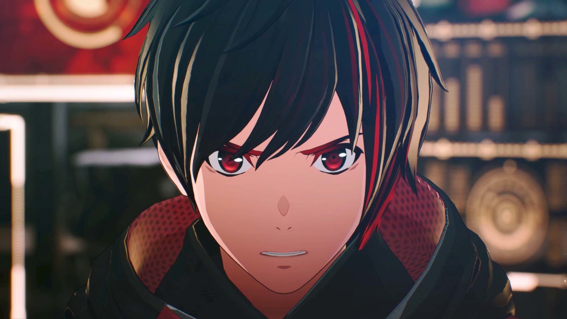 Young man with black hair with red streaks in it, and red eyes.