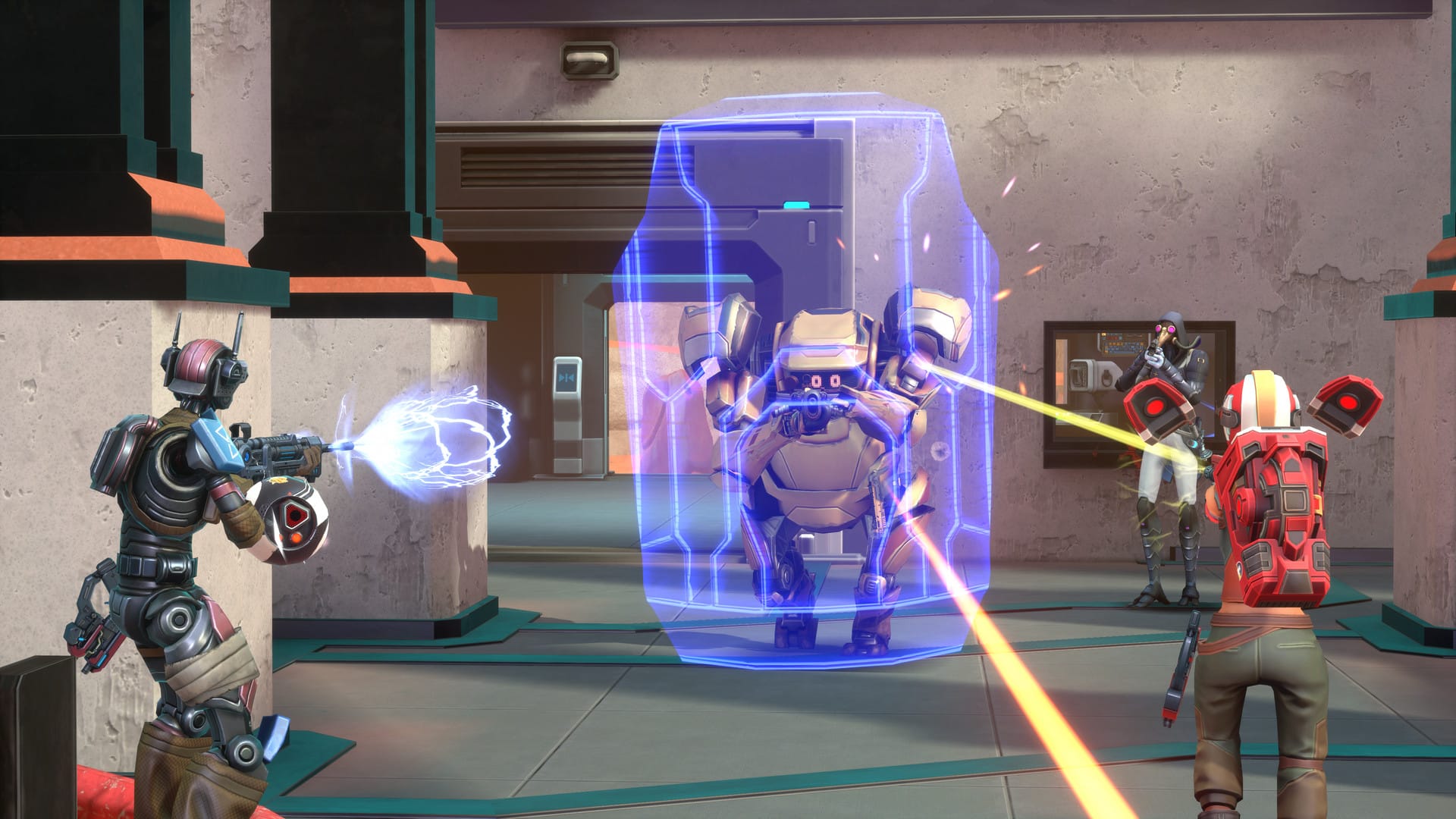 Two characters targeting a mech with a large blue energy shield