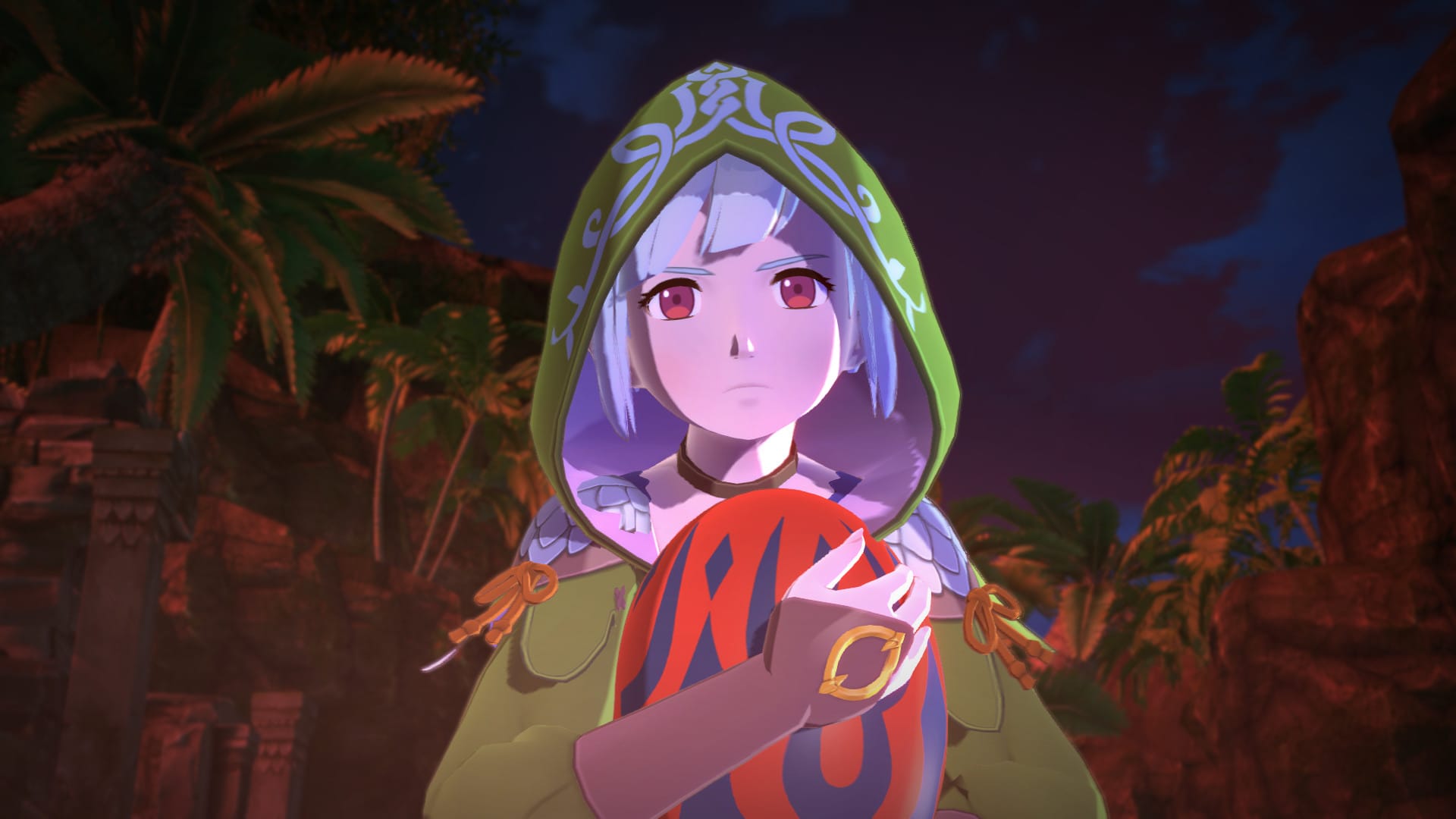 Girl with red eyes, white hair and a green hood holding a red and blue egg