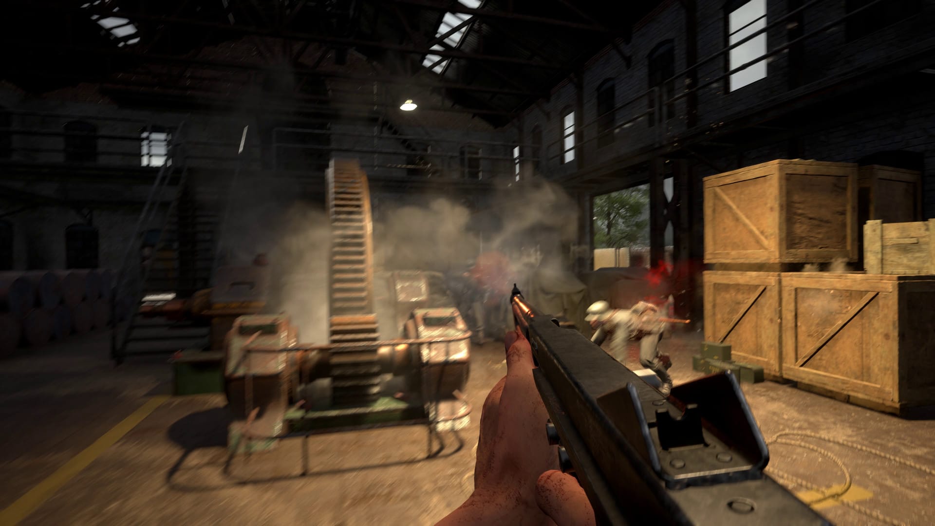 First person perspective of someone holding an SMG