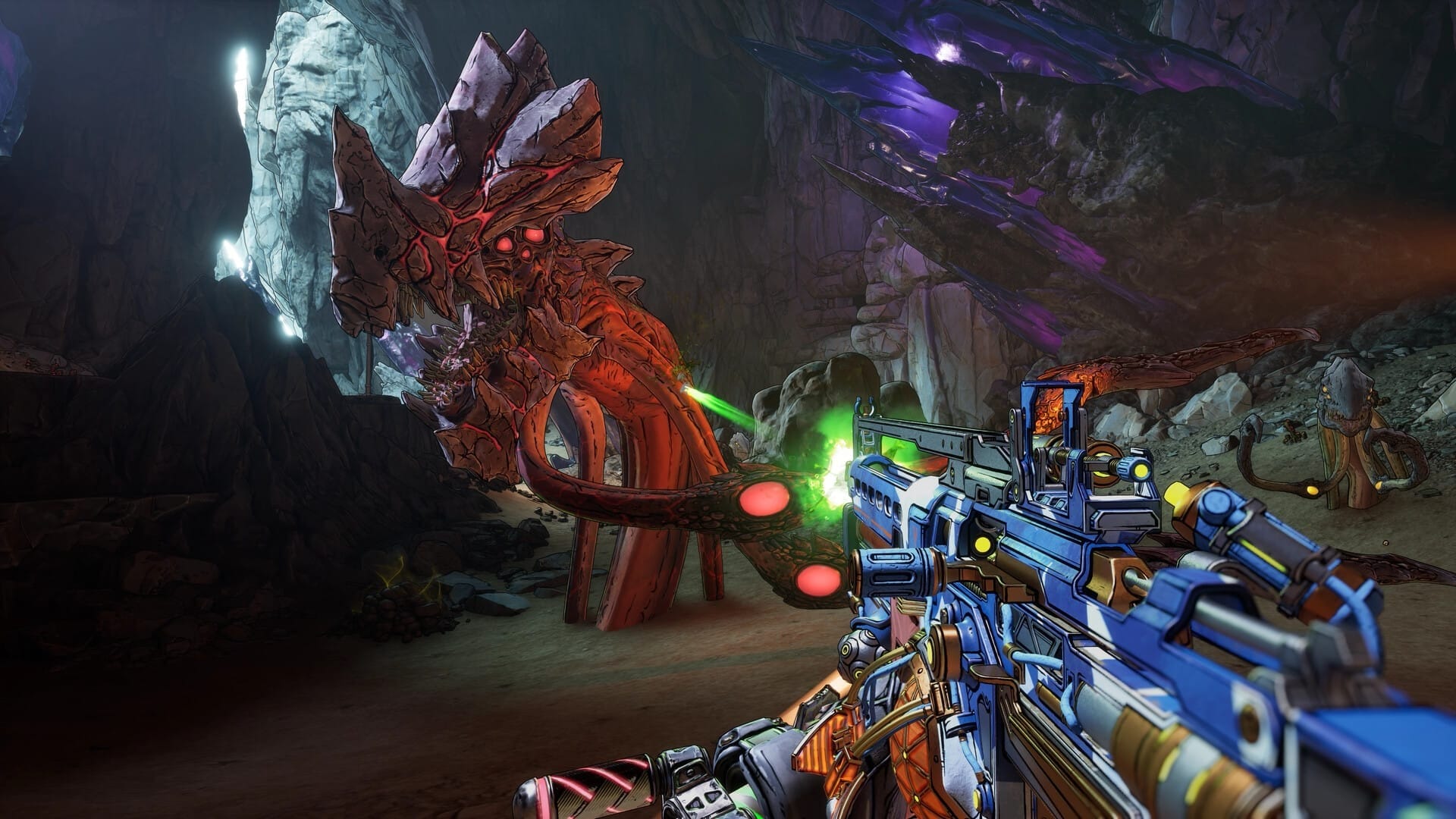 Shows a massive work monster with a hard head being shot at.