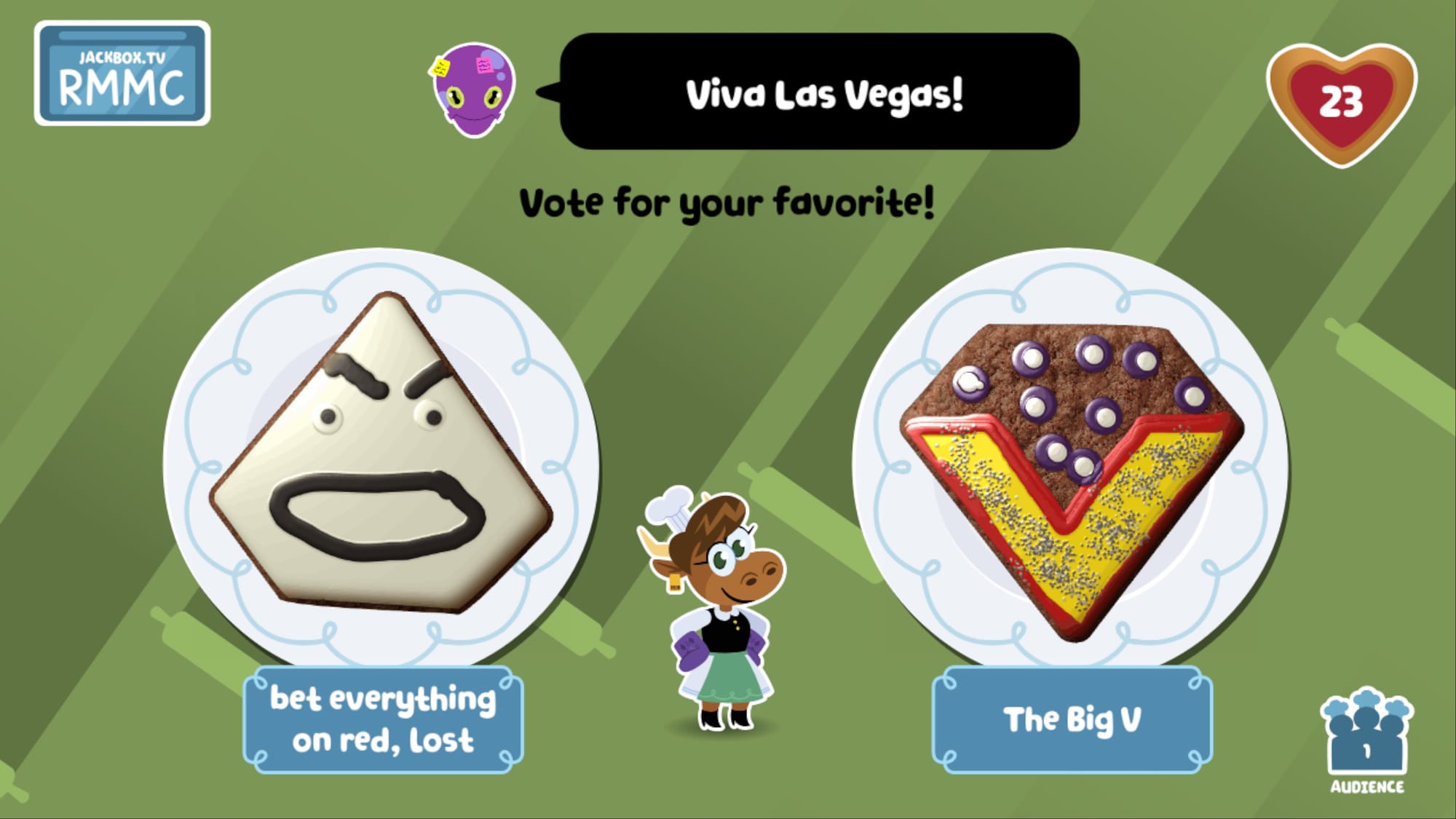 Two cookie designs to vote on. Left looks like an angry man who lost a bet, right is shaped like a V