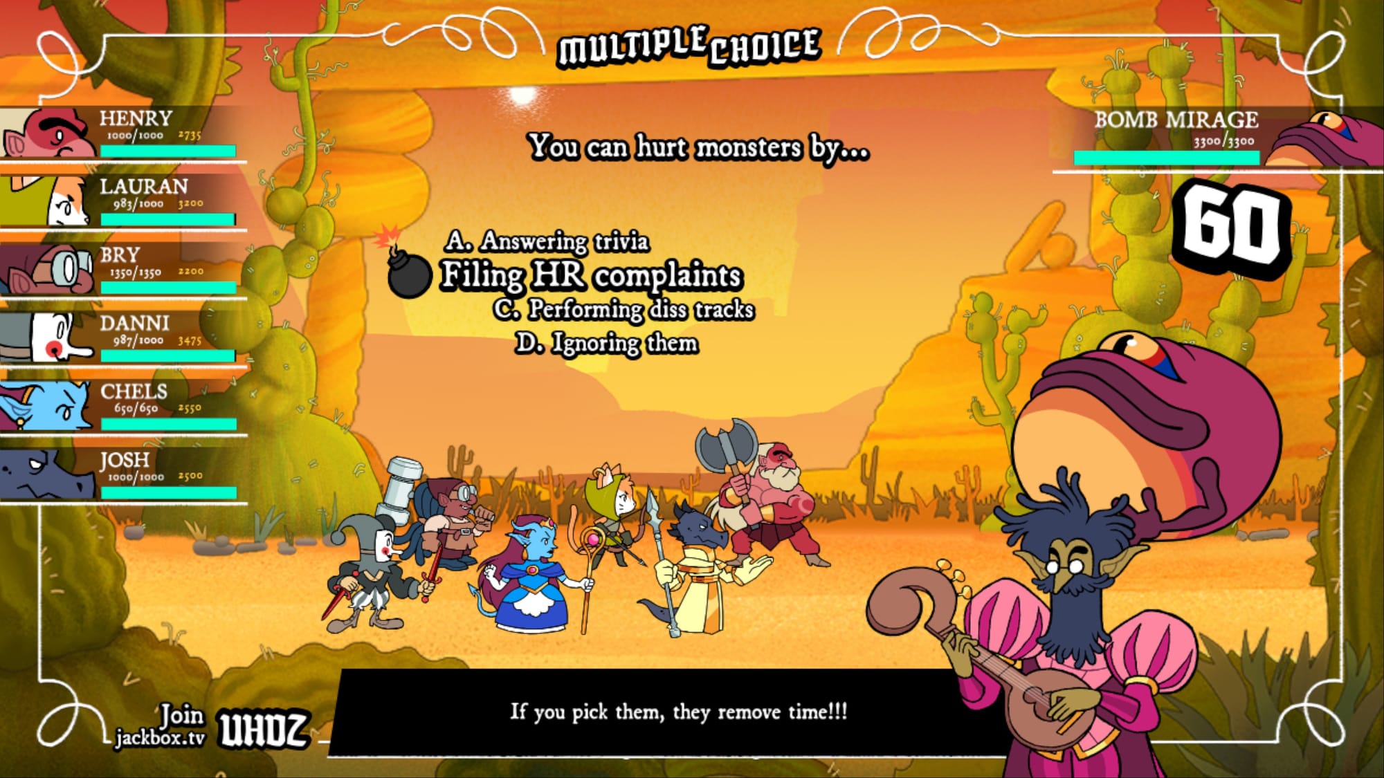 Party of six with a multiple choice question for "You can hurt monsters by..."
