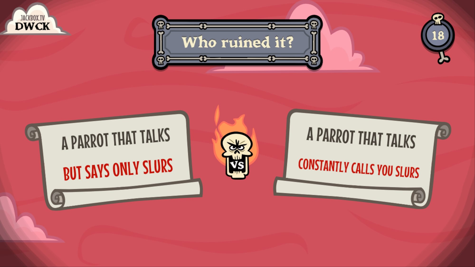 Prompt is "A Parrot That Talks." Both answers involve the parrot only calling you slurs
