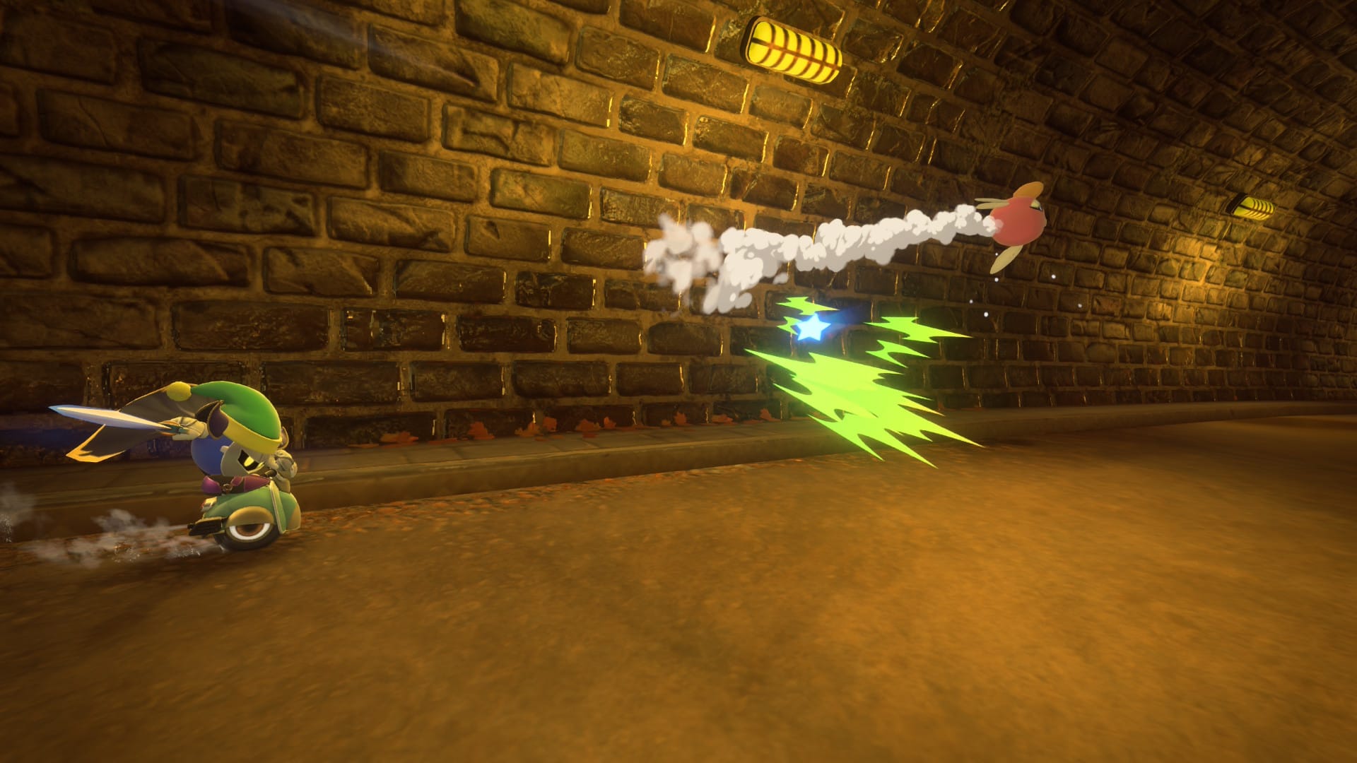 Meta Knight wearing a green hate with a different sword to his usual one, riding a scooter and knocking away and enemy.