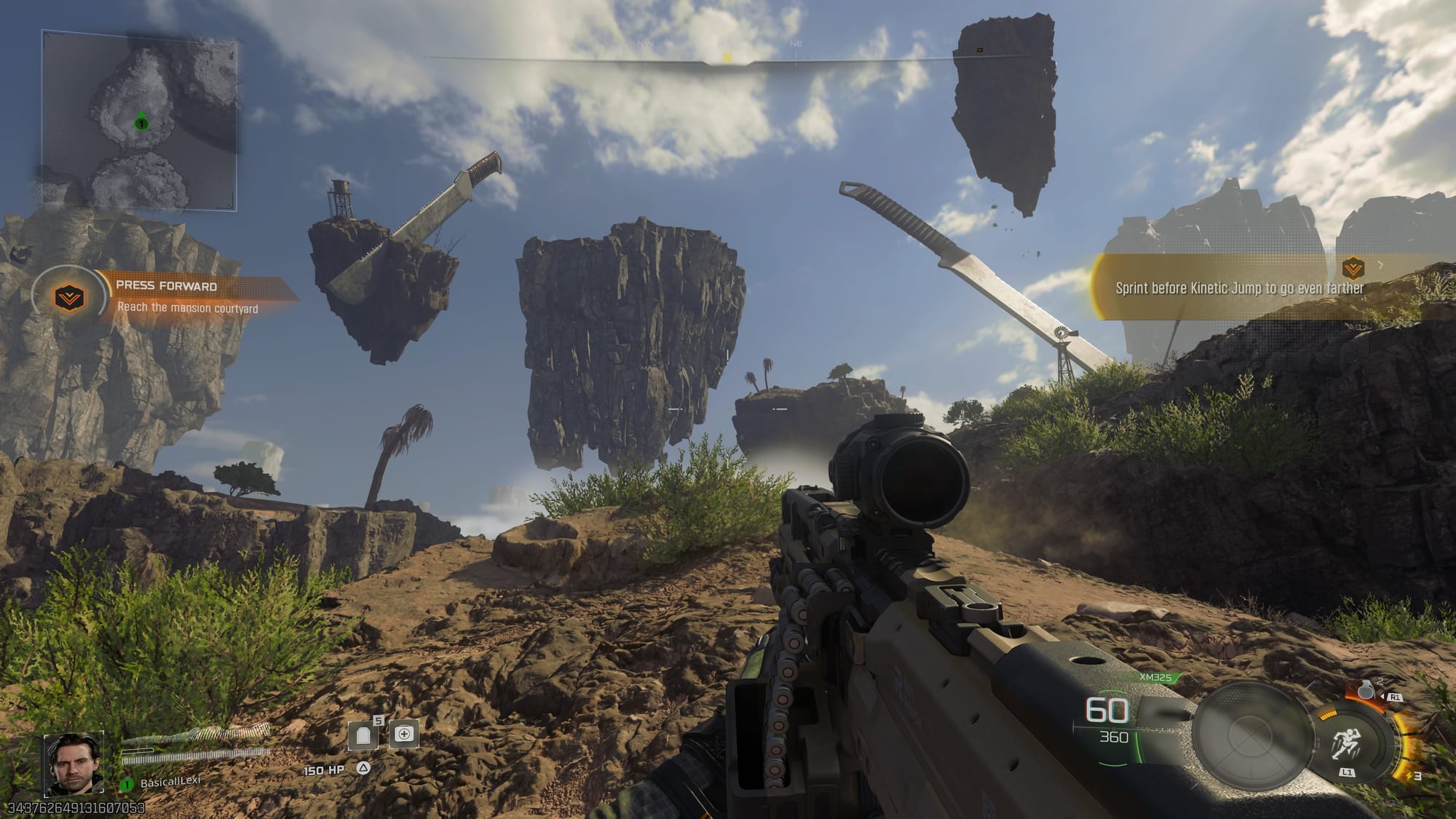 A screenshot of the Call of Duty Black Ops 7 campaign showing floating islands in a dumb dream nightmare thing, with giant machetes stuck in them.