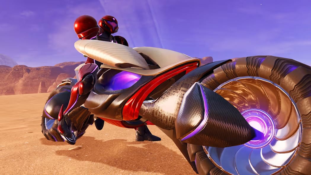Samus Aran riding a futuristic looking motorbike across a desert