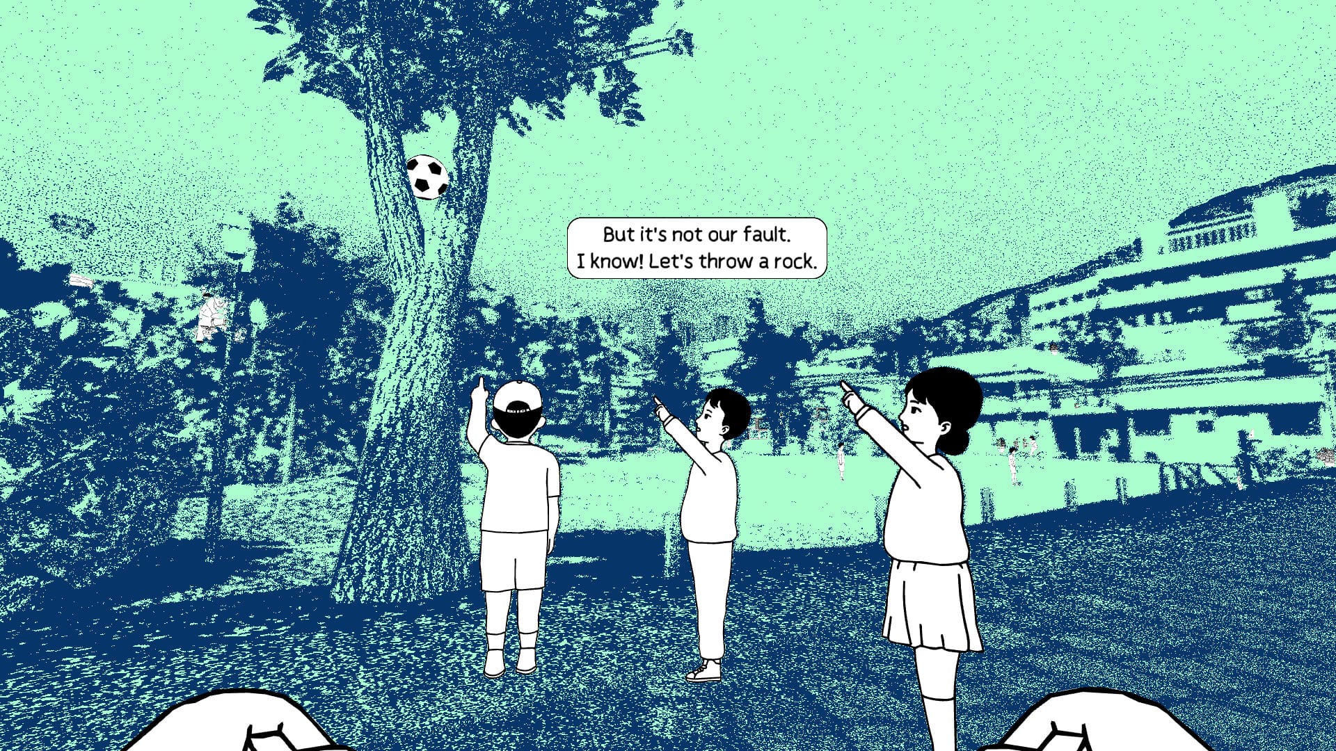 Despelote screenshot showing characters pointing at a ball in a tree