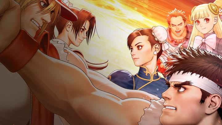 Capcom Fighting collection 2 art showing Capcom and SNK characters facing off