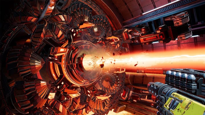 Shows a massive laser beam firing from a space mining drill. 