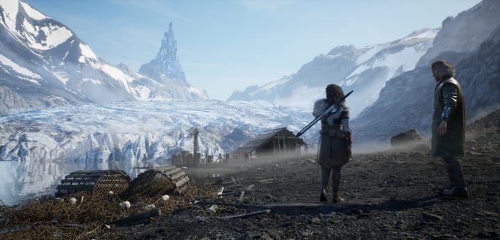 Shows a stunning snowy landscape with the two protagonists standing next to each other. 