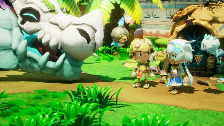 Shows the Fantasy Life i hero and skeleton dragon with friends. 