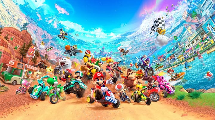Mario Kart World key art with a lot of driver accelerating forward on a dirt road