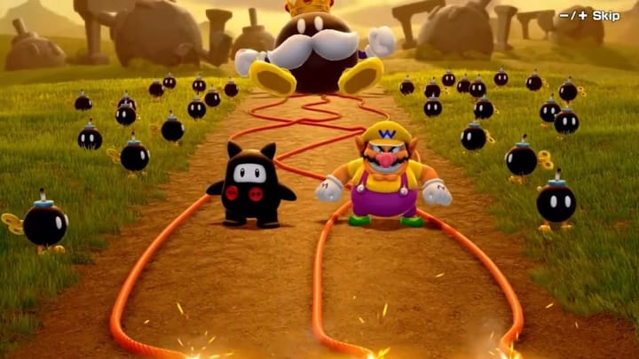Ninji and Wario watching lit fuses head towards King Bob-Omb