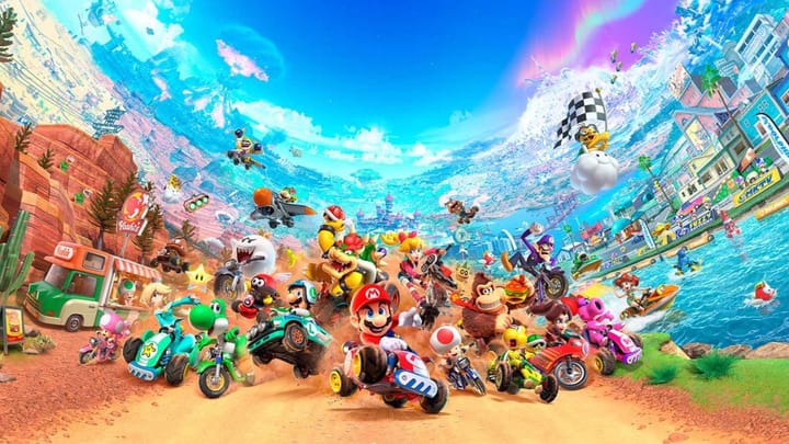 Multiple racers across a dirt track with some in the river to the right