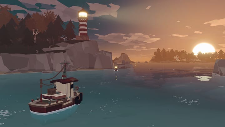 A fishing boat being driven as the sun visibly sets in the distance