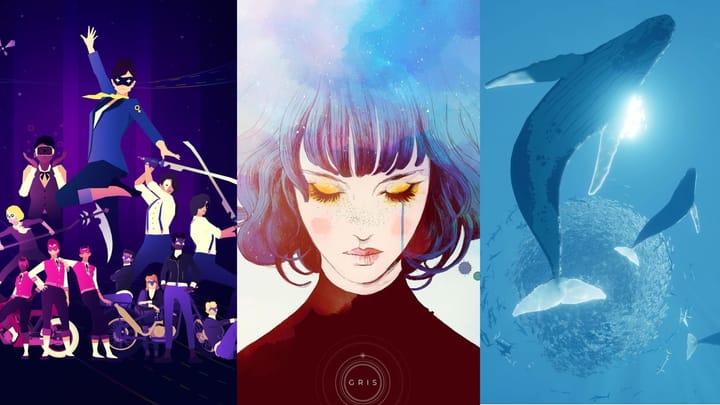 A three image gallery showing art from Sayonara Wild Hearts (left), Gris (middle), and Abzu (right)