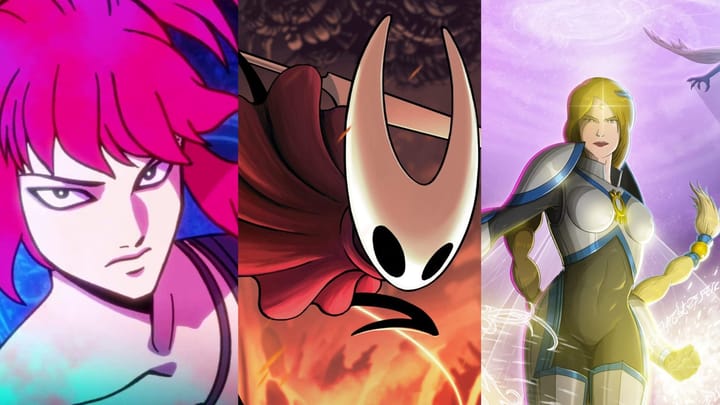 Three image gallery, from left to right: Pink haired woman, Hornet from Silksong, and a blonde woman with long hair wearing armour