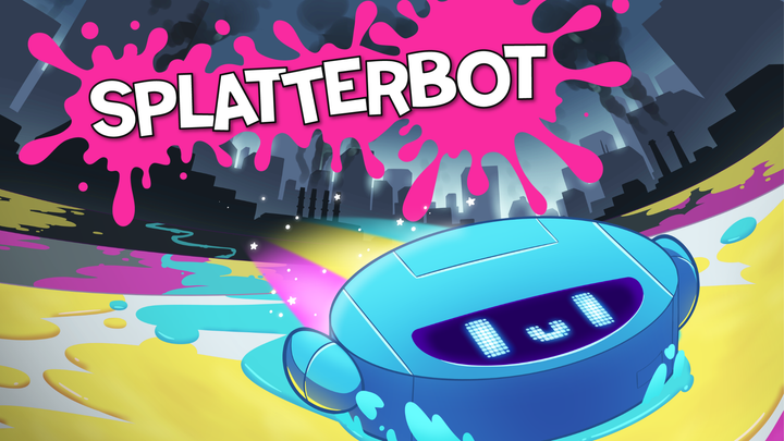 A roomba with a digital smiling face going through various paint colours