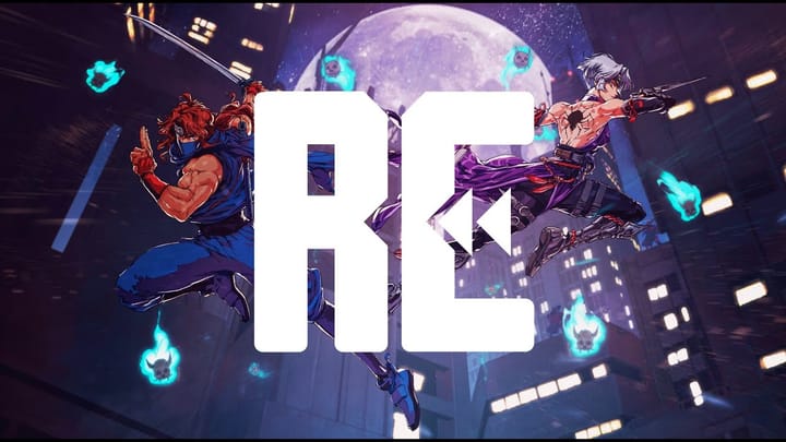 Rewinder logo with two characters from Ninja Gaiden: Ragebound behind