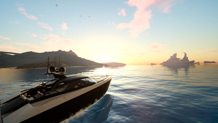 Several guys on a boat riding along the water as the sun sets