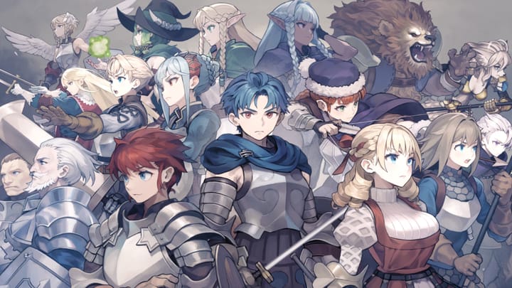 Over a dozen soldiers of different ranks, classes, and hair colours closely grouped together