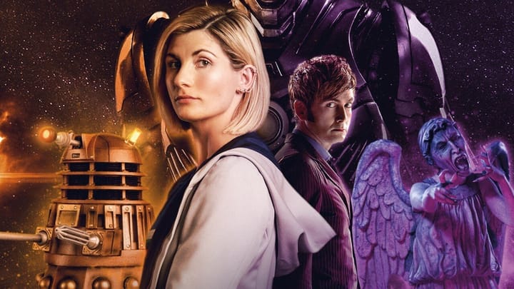 Left to right: Gold Dalek, 13th Doctor, 10th Doctor, Weeping Angel. Behind them all is a Cyberman.