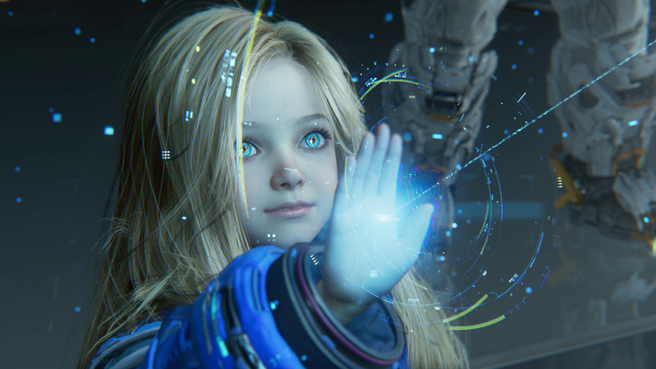 The young looking AI hacks in to a terminal with her hand in Pragmata.