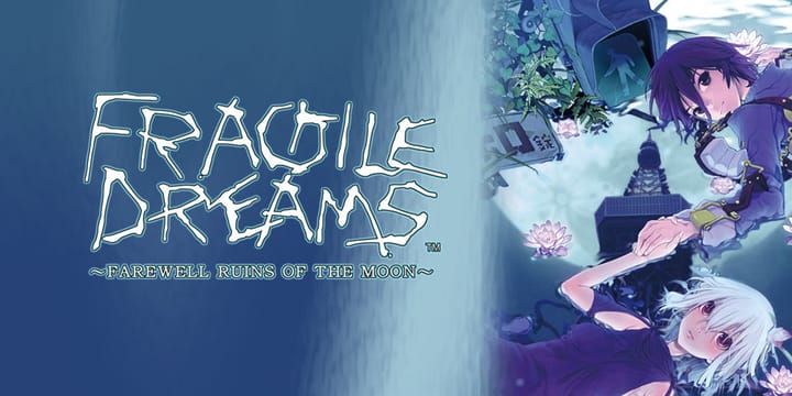 Fragile Dreams: Farewell Ruins of the Moon shows the game's name in stylised font on the left, two characters holding hands near Tokyo Tower on the right