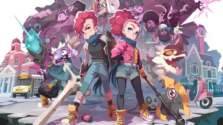 Two red haired teenage twins standing in front of a group of people in a street while holding weapons