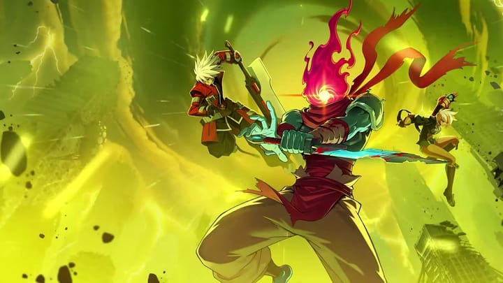 Shwos the Prisoner from Dead Cells flanked by two BlazBlue characters. 